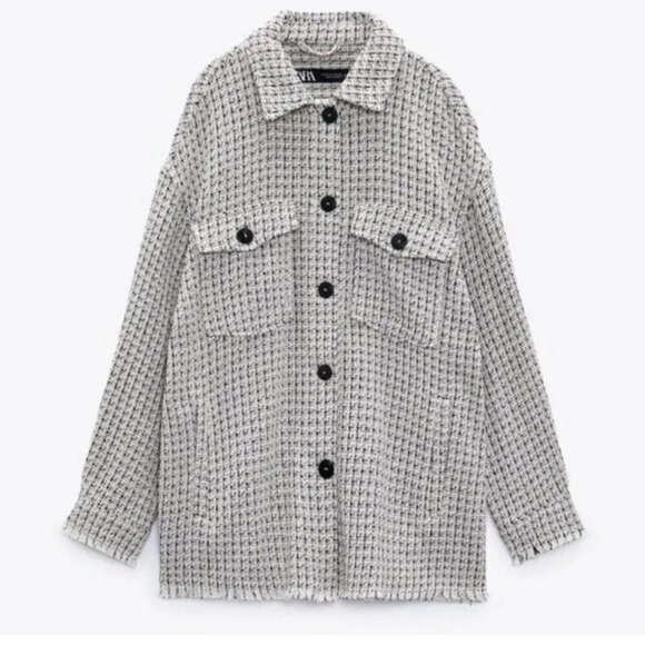 Zara Textured Weave Fringe Hem Overshirt Shacket Jacket White Black Sz Medium - Picture 11 of 11